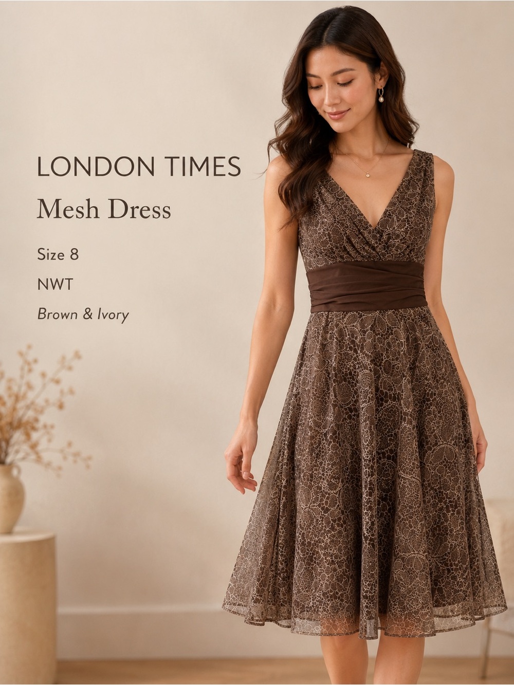 London Times Brown & Ivory Mesh V-Neck Midi Dress